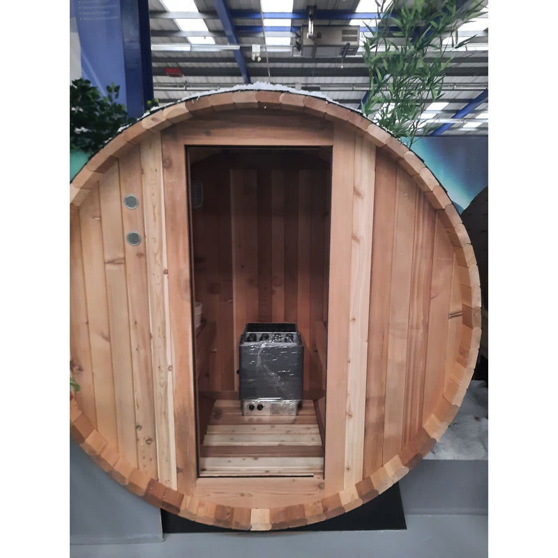 Fonteyn Rustic 4ft red cedar barrel sauna, front view