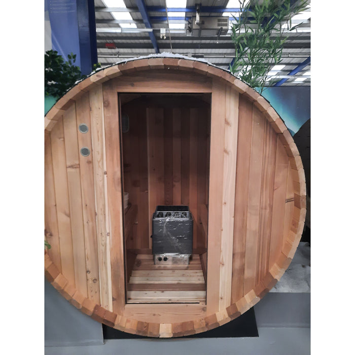 Fonteyn Rustic 4ft red cedar barrel sauna, front view