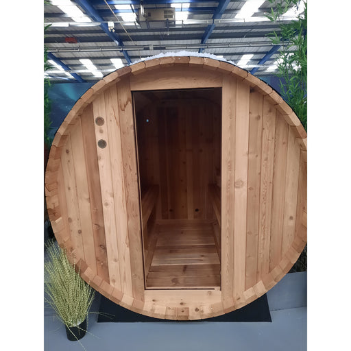 Fonteyn Rustic 6ft red cedar barrel sauna 4 person, front view