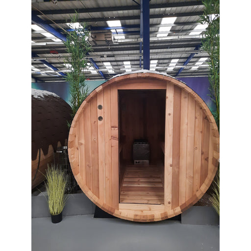 Fonteyn Rustic 8ft red cedar barrel sauna 6 person, front view