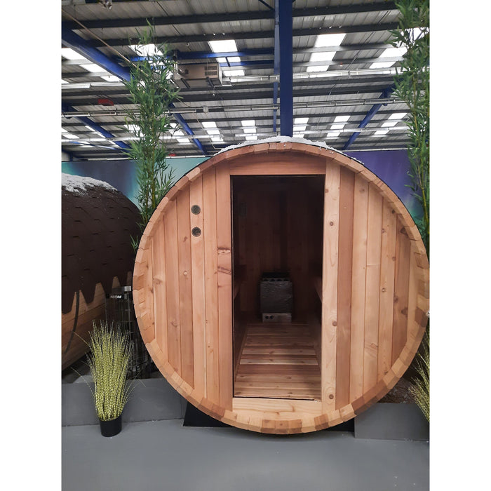 Fonteyn Rustic 8ft red cedar barrel sauna 6 person, front view