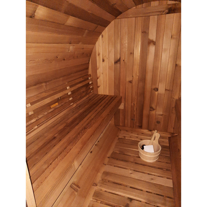 Fonteyn Rustic 7+1ft barrel sauna, exterior cedar wood finish