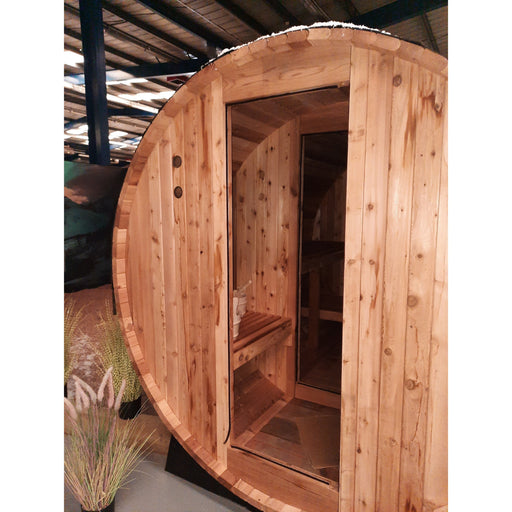 Fonteyn Grandview red cedar barrel sauna 8 person, front view
