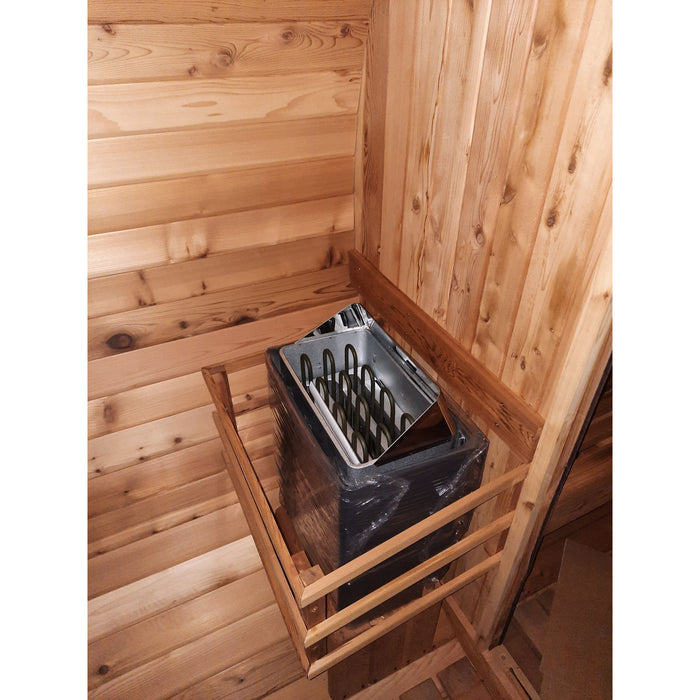 Fonteyn Grandview barrel sauna, roof and shingle detail