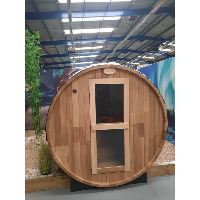 Fonteyn Panorama 2400 barrel sauna, exterior cedar wood finish