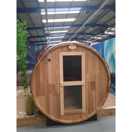 Fonteyn Panorama 1800 red cedar barrel sauna 4 person, front view
