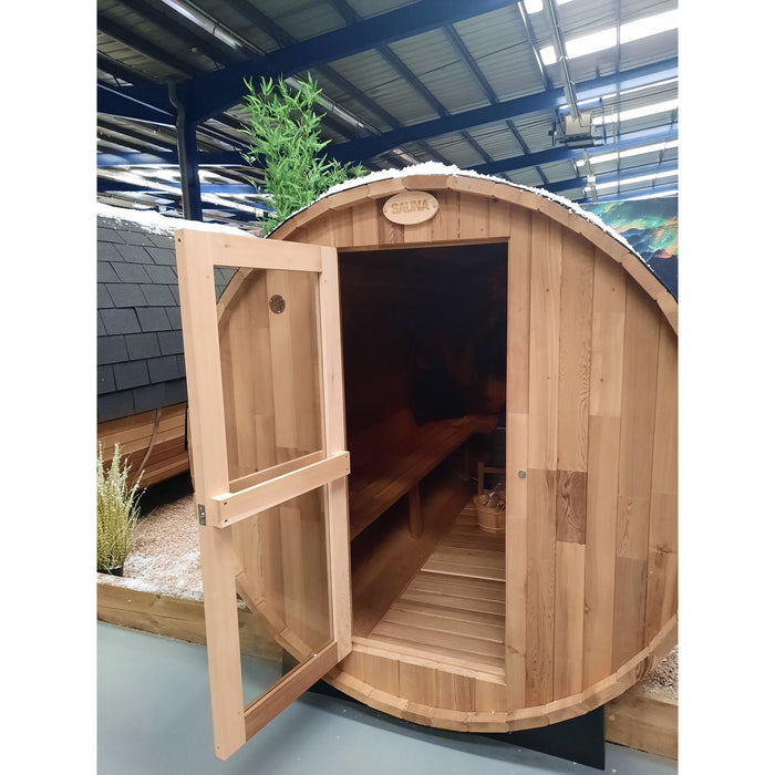 Fonteyn Panorama 2400 barrel sauna, angled view