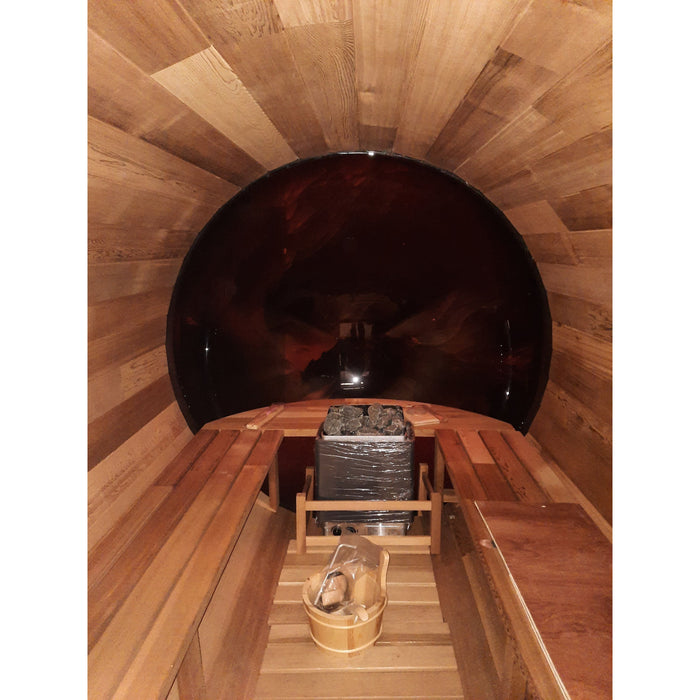 Fonteyn Panorama 1800 barrel sauna, angled view