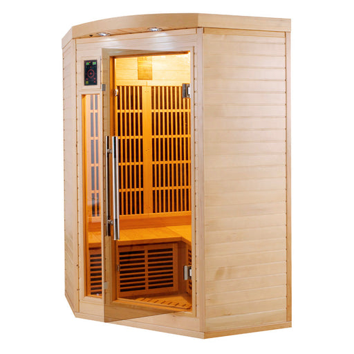 Apollon 3 person infrared sauna interior with wooden bench seating