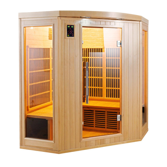 Apollon 4 person infrared sauna, angled view