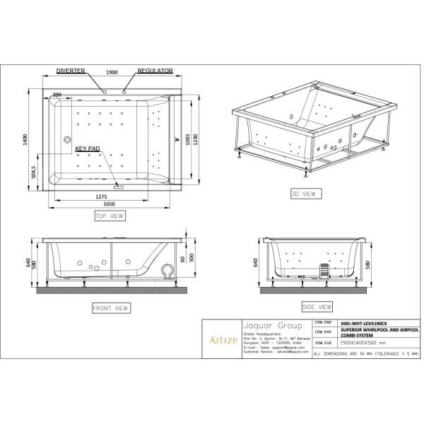 Artize lexa whirlpool bathtub dimensions
