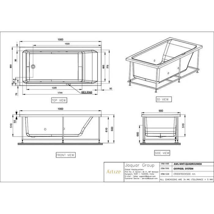 Artize quadro oxypool bathtub dimensions diagram