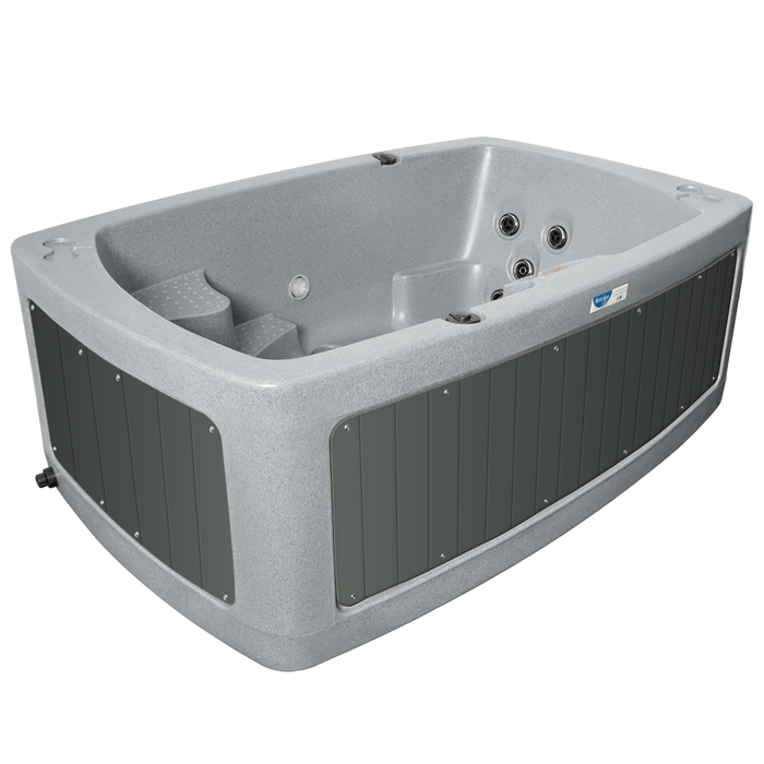 RotoSpa DuoSpa S240 2 person hot tub in light grey with grey panels, front view
