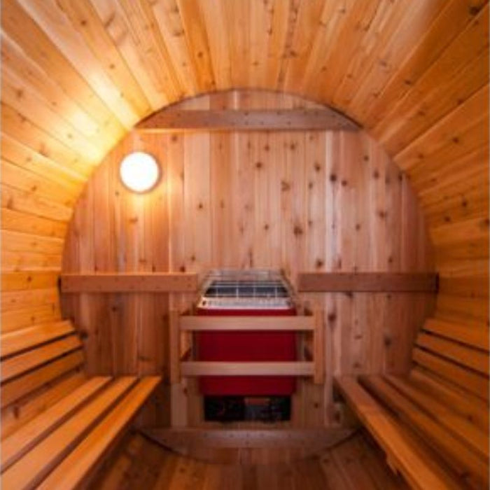 Fonteyn Rustic red cedar barrel sauna, exterior detail