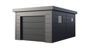Telluria Garage 3654 metal garage in anthracite, showing the electric garage door on the 3.6m front elevation and the flat roof with overhanging eaves