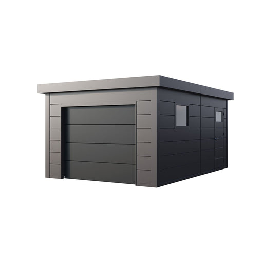 Telluria Garage 3654 metal garage in anthracite, showing the electric garage door on the 3.6m front elevation and the flat roof with overhanging eaves
