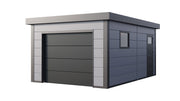 Telluria Garage 3654 metal garage in light grey, showing the electric garage door and the fixed side window