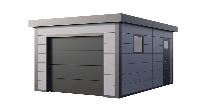 Telluria Garage 3654 metal garage in light grey, showing the electric garage door and the fixed side window
