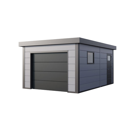 Telluria Garage 3654 metal garage in light grey, showing the electric garage door and the fixed side window