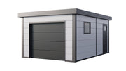 Telluria Garage 3654 metal garage in white, showing the electric garage door and the flat roof