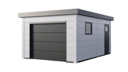 Telluria Garage 3654 metal garage in white with white corner posts, showing the electric garage door and the flat roof