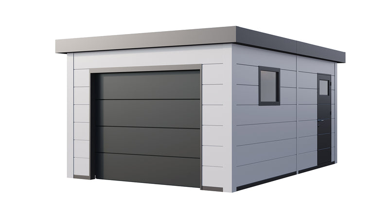 Telluria Garage 3654 metal garage in white with white corner posts, showing the electric garage door and the flat roof