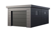 Telluria Garage 3663 steel garage in anthracite, showing the electric garage door on the 3.6m front elevation and the 6.3m depth