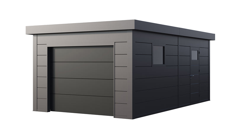 Telluria Garage 3663 steel garage in anthracite, showing the electric garage door on the 3.6m front elevation and the 6.3m depth