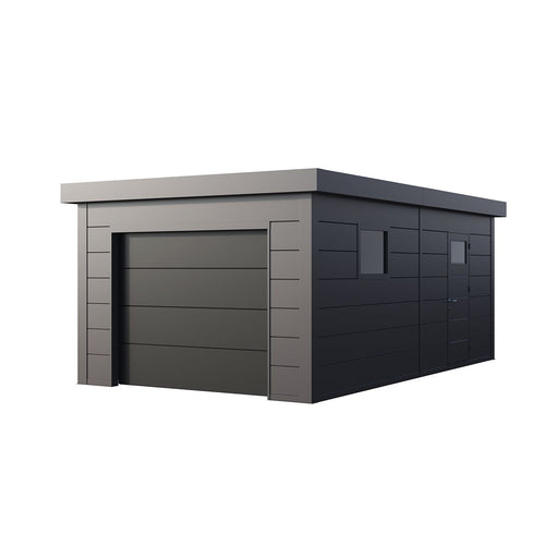 Telluria Garage 3663 steel garage in anthracite, showing the electric garage door on the 3.6m front elevation and the 6.3m depth