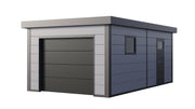 Telluria Garage 3663 steel garage in light grey, showing the electric garage door and the fixed side window