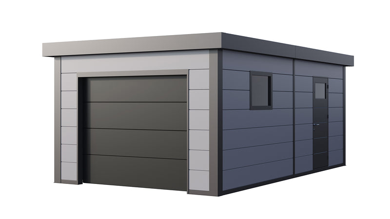 Telluria Garage 3663 steel garage in light grey, showing the electric garage door and the fixed side window