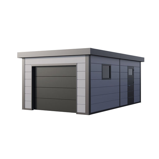 Telluria Garage 3663 steel garage in light grey, showing the electric garage door and the fixed side window