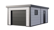 Telluria Garage 3663 steel garage in white with white corner posts, showing the electric garage door and the flat roof