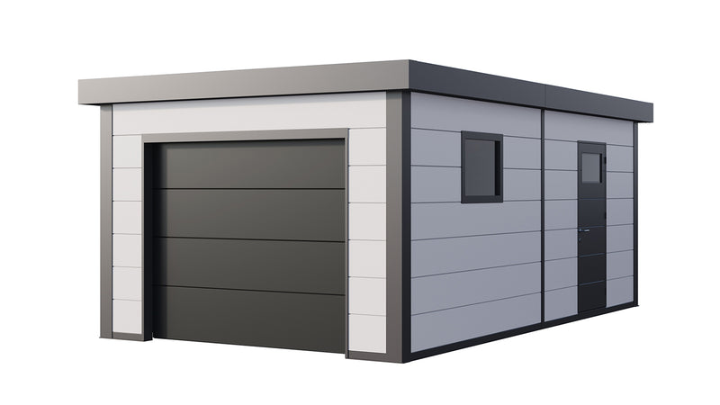 Telluria Garage 3663 steel garage in white with white corner posts, showing the electric garage door and the flat roof