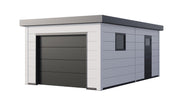 Telluria Garage 3663 steel garage in white, showing the electric garage door and the flat roof