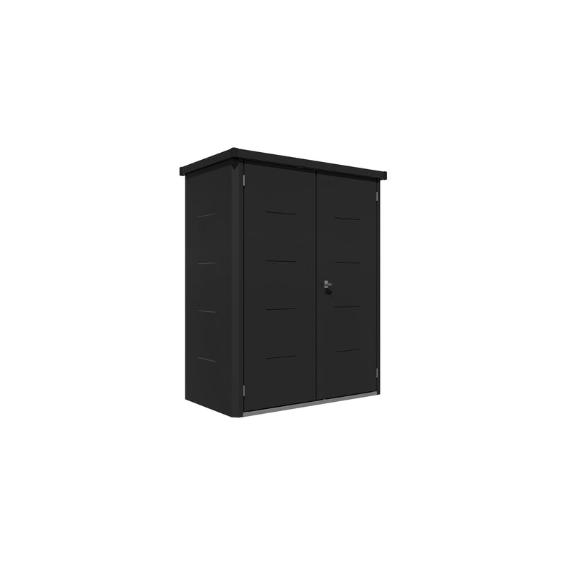 Telluria Giarmadio tall garden storage cabinet in black, 193cm high with double doors closed