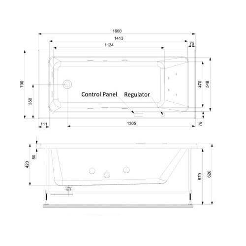 Technical drawing of Jaquar 160 whirlpool bathtub