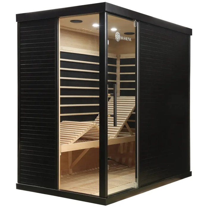 Black-framed miracle premium infrared sauna with wooden interior 