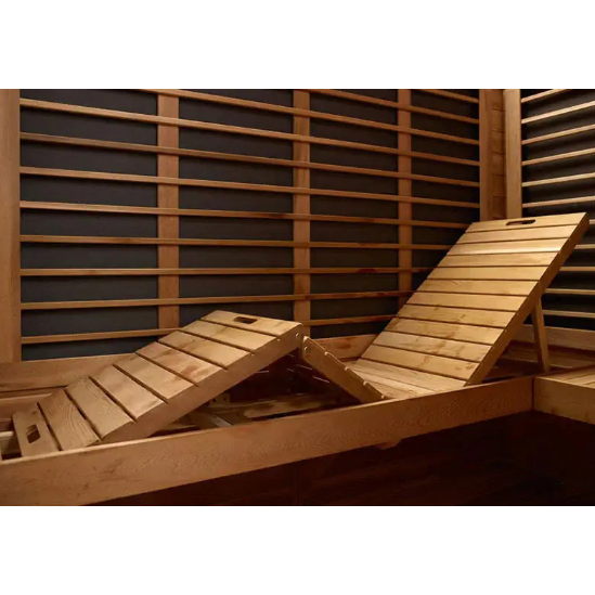 Wooden sauna chair inside the 4 person miracle sauna premium.