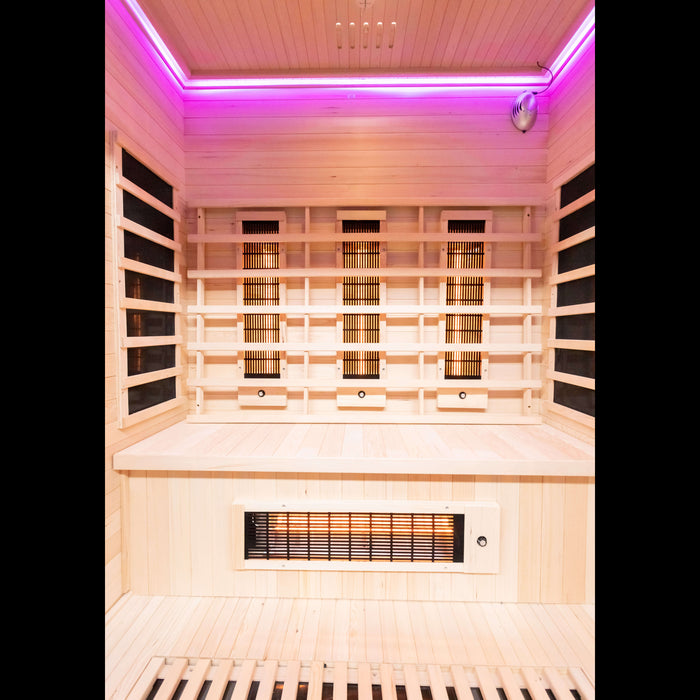 Far Infrared sauna with wooden interior and LED lighting