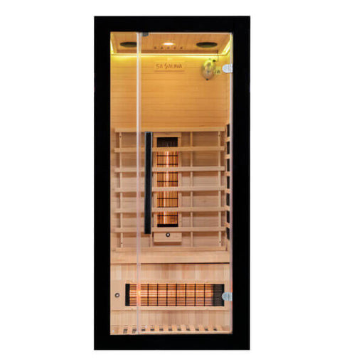 Miracle sauna uk lux 1 person Infrared sauna with wooden interior and visible brand logo