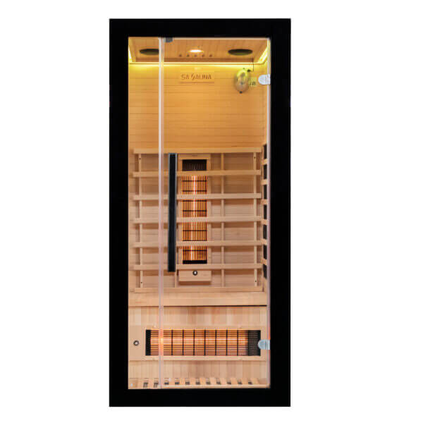 Miracle sauna uk lux 1 person Infrared sauna with wooden interior and visible brand logo