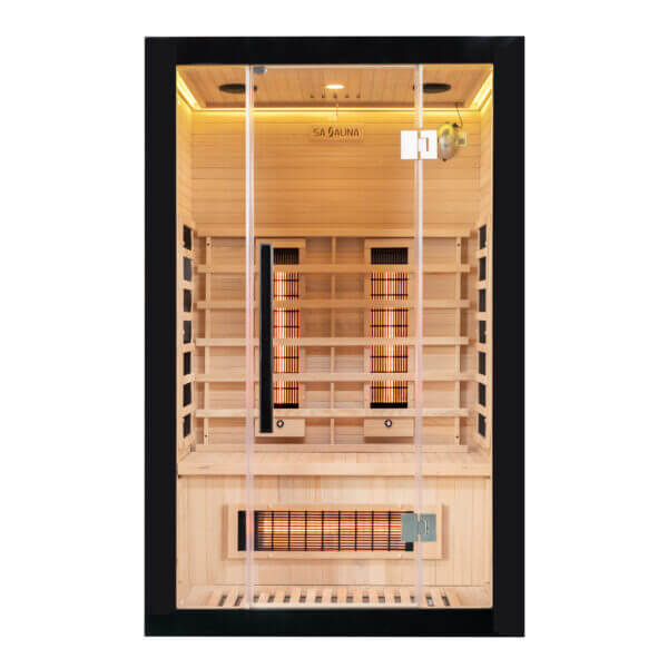 far Infrared sauna with wooden interior and black frame