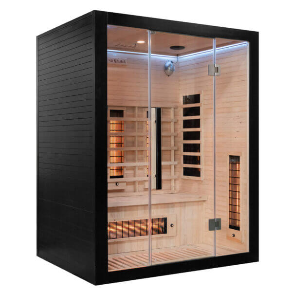 uk lux 3 person Infrared sauna with black exterior and glass door 