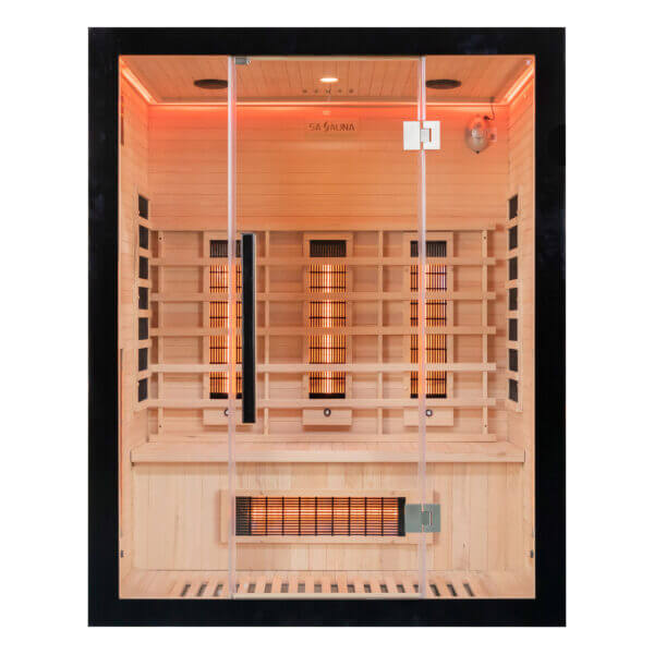 miracle sauna uk lux 3 person Infrared sauna with wooden interior and visible heating elements.