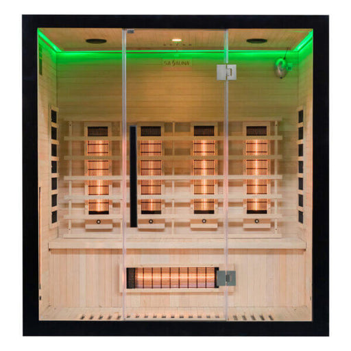 uk lux 4 person Infrared sauna with wooden interior and glowing lights
