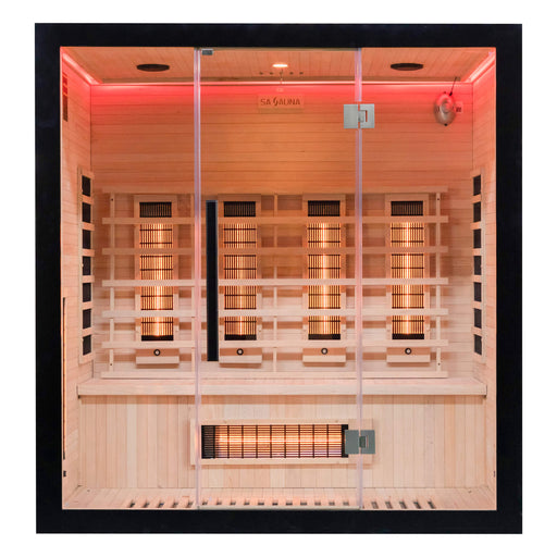 Uk lux 4 person far Infrared sauna with wooden interior and visible heating elements.