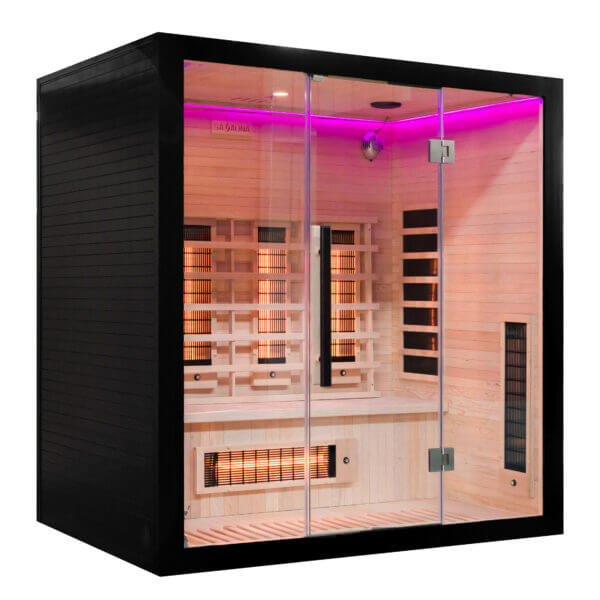 miracle sauna 4 person Infrared sauna with wooden interior and black exterior, illuminated by pink light.