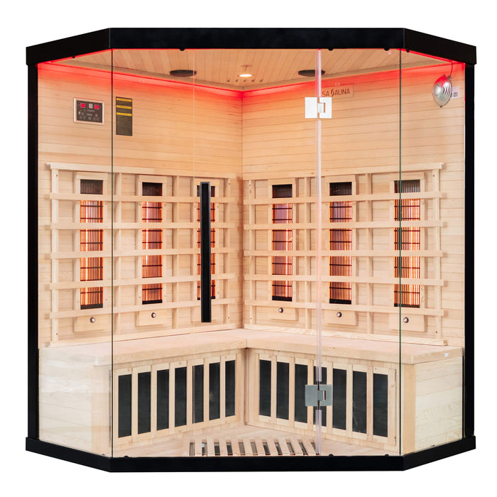 miracle sauna uk lux 4 person corner far Infrared sauna with wooden interior and red light