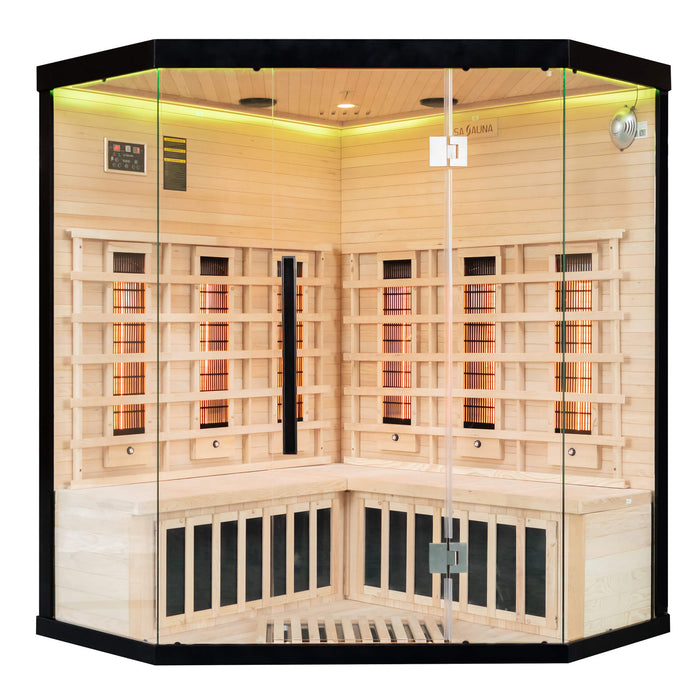 uk lux 4 person corner Infrared sauna with wooden interior and glass door